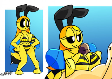 antennae_(anatomy) anthro big_breasts bikini bikini_bottom bikini_top black_sclera blonde_hair breast_play breasts cleavage clothed clothing duo eyelashes female genitals hair hands_on_hips male male/female navel nipple_outline pattern_bikini pattern_clothing pattern_swimwear penis sex simple_background smile stinger striped_bikini striped_bikini_bottom striped_bikini_top striped_clothing striped_swimwear stripes swimwear titfuck two-piece_swimsuit white_eyes wings yellow_body filthycottonart unfortu-nate beatrice_(unfortu-nate) arthropod bee hymenopteran insect 2021 digital_media_(artwork)