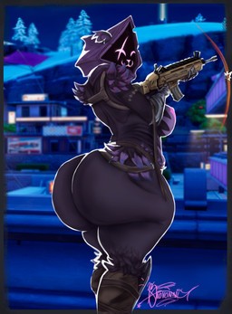 anthro arm_tuft armor bear_ears belly belt belted_boots big_breasts big_butt boots breasts building butt city city_background clothing eye_scar facial_scar female footwear fur gauntlets gloves glowing glowing_eyes handwear holding_object holding_weapon hood hoodie huge_butt huge_thighs leg_tuft legwear looking_at_viewer looking_back metal_gloves mountain night plant purple_body purple_fur rear_view scar scar_(gun) scarf shoes shoulder_tuft solo standing thick_thighs topwear tree tuft weapon wide_hips giovannilol19 epic_games fortnite fortnite:_battle_royale raven_team_leader