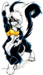 anthro bottomless clothed clothing female hair muscular muscular_female muscular_taur solo topwear topwear_only white_hair megan_giles mammal mammal_taur mephitid mephitid_taur skunk skunk_taur taur 2000