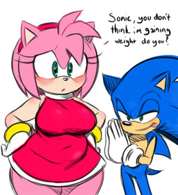 accessory anthro asking belly big_breasts blue_body blush bracelet breasts clothed clothing dialogue dress duo eyelashes female frown gloves green_eyes hair hair_accessory hairband hand_on_hip hands_on_hips hands_together handwear jewelry licking licking_lips looking_at_another male male/female minidress narrowed_eyes navel_outline pink_body pink_hair red_clothing red_dress romantic romantic_couple rubbing_hands sad self-conscious simple_background slightly_chubby slightly_chubby_anthro slightly_chubby_female smile tail talking_to_another text thick_thighs tongue tongue_out weight_conscious weight_gain white_background wide_hips squishcap freaky_(meme) sega sonic_the_hedgehog_(series) amy_rose sonic_the_hedgehog eulipotyphlan hedgehog mammal 2025 colored_sketch digital_media_(artwork) english_text sketch