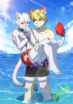 anthro black_bottomwear black_clothing black_collar blonde_hair blue_sky blush bottomwear clothed clothing collar duo fur glistening glistening_eyes green_eyes hair holding_another inner_ear_fluff male red_bottomwear red_clothing sky smile standing tail tail_tuft topless tuft white_body white_fur white_hair white_inner_ear_fluff yellow_body yellow_fur papayafurry ambient_bird avian bird felid mammal 2023 dated hi_res signature