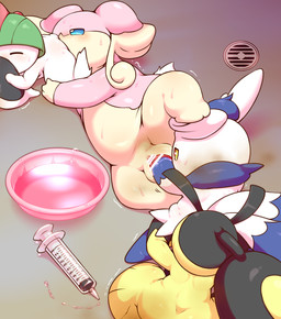 ambiguous_gender censor_bar female fisting genitals group group_sex ineffective_censorship nude oral penetration sex syringe vaginal vaginal_fisting vaginal_penetration vulva alacarte nintendo pokemon audino generation_3_pokemon generation_5_pokemon generation_6_pokemon mawile meowstic pokemon_(species) ralts censored