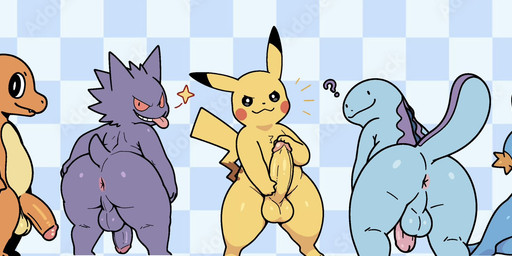 anthro anthrofied anus backsack balls bent_over big_penis blep butt erection flaccid genitals grin group male male/male naughty_face penis presenting presenting_anus smile smirk take_your_pick tongue tongue_out cupydarts nintendo pokemon charmander generation_1_pokemon generation_2_pokemon generation_3_pokemon gengar mudkip pikachu pokemon_(species) quagsire scalie hi_res