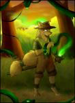 anthro clothing detailed_background forest grass hat headgear headwear magic magic_user plant serpentine solo spell staff sunset tree zeptophidia coniophanos canid canine demon mammal reptile scalie snake summon 2017