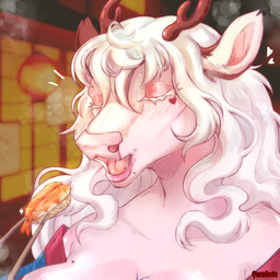 anthro asian_clothing big_breasts breasts chopsticks clothing east_asian_clothing eating eyes_closed female food fur hair heart_(marking) heart_symbol japanese_clothing kimono long_hair markings mole_(marking) mole_on_breast open_mouth outside pink_body pink_fur public solo sparkles steam sushi white_hair sweetcendrillon teresa_amano_(charliecorvinus) deer mammal new_world_deer reindeer 1:1 hi_res
