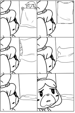 4_fingers 6_panel_comic anthro bell_hair_tie black_nose border clothed clothed_anthro clothed_female clothed_human clothed_male clothing duo eye_contact female female_anthro fingers floppy_ears fur hair holding_blanket looking_at_another lop_ears magic_trick male male_human motion_lines open_mouth ponytail running shirt short_hair standing topwear triangle_nose wall_(structure) white_body white_border white_clothing white_fur white_hair white_hair_tie white_shirt white_topwear cookieboy011 animal_crossing nintendo isabelle_(animal_crossing) villager_(animal_crossing) canid canine canis domestic_dog human mammal shih_tzu toy_dog 2018 absurd_res black_and_white comic digital_media_(artwork) english_description hi_res monochrome