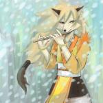 anthro black_nose brown_eyes clothing collarbone flute front_view fur hair inner_ear_fluff looking_at_viewer musical_instrument orange_clothing solo tan_body tan_fur tan_hair tuft wind_instrument woodwind_instrument yellow_clothing kkerotix bemani konami pop'n_music yamabuki_(pop'n_music) canid canine fox mammal 1:1 portrait three-quarter_portrait