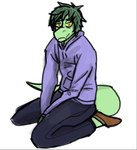 anthro bottomwear clothed clothing crossgender denim denim_bottomwear denim_clothing fangs footwear ftm_crossgender fully_clothed green_body green_hair green_scales hair hoodie jeans looking_at_viewer male pants scales shoes simple_background sitting sitting_on_knees slippers snout solo tail teeth topwear white_background yellow_sclera silvialikescherries cavemanon_studios i_wani_hug_that_gator olivia_halford baryonyx dinosaur prehistoric_species reptile scalie spinosaurid theropod hi_res