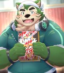 anthro black_nose blush electronics green_body headphones headphones_around_neck humanoid_hands kemono male overweight overweight_male solo shillon0610 lifewonders live_a_hero mokdai canid canine canis domestic_dog mammal 2022 absurd_res hi_res