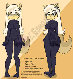 anthro black_bodysuit black_clothing black_skinsuit blonde_hair bodysuit butt butt_from_the_front camel_toe cheek_tuft clothing countershading ear_tuft facial_tuft female fur hair inner_ear_fluff long_hair navel_outline nipple_outline skinsuit solo spy tail text tight_clothing tuft yellow_body yellow_eyes yellow_fur mr_esmox nathalia_garvelion_(mr_esmox) canid canine fox mammal english_text hi_res model_sheet