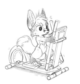 anthro elliptical_trainer exercise featureless_crotch frown fur hair male nude solo text walking silverfox5213 silverfox5213_(character) canid canine fox mammal red_fox true_fox 2018 greyscale monochrome