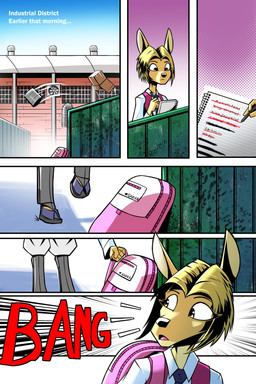 accessory anthro backpack blonde_hair clothed clothed_anthro clothed_female clothed_male clothing day dumpster female female_anthro fur hair male necktie notebook pink_backpack pink_clothing pink_topwear pink_vest short_hair solo topwear vest yellow_body yellow_fur gatonejo gadea_(gatonejo) deer mammal 2026 absurd_res comic hi_res