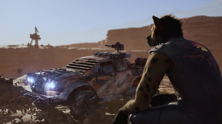anthro car clothing day desert eating eating_food landscape leather leather_clothing light_truck male outside pickup_truck post-apocalyptic solo truck vehicle kertit crossout_(game) varek_(kertit) hyena mammal spotted_hyena 16:9 3d_(artwork) 3d_animation 4k absurd_res animated digital_media_(artwork) hi_res loop no_sound short_playtime video wallpaper widescreen