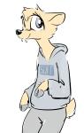 ambiguous_gender anthro bottomwear clothed clothing fangs fur pants scut_tail short_tail simple_background smile solo standing sweater tail tan_body tan_fur teeth topwear white_background toxoglossa artemis_(nobby) mammal moschid