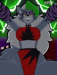 angry anthro armwear clothed clothing collar female green_highlights grey_body grey_hair hair highlights_(coloring) lipstick looking_at_viewer machine makeup midriff piercing solo teeth johnithanial five_nights_at_freddy's five_nights_at_freddy's:_security_breach scottgames steel_wool_studios roxanne_wolf animatronic canid canine canis mammal robot wolf 2025 3:4 absurd_res digital_media_(artwork) hi_res