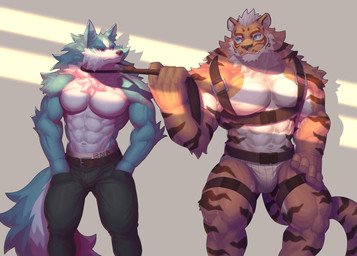 abs anthro anthro_on_anthro barazoku biped blue_eyes bottomwear brown_body brown_fur bulge chest_harness clothed clothing duo fingers fist fluffy fluffy_tail front_view fur grey_bottomwear grey_clothing grey_pants hand_in_pocket hand_on_hip harness head_turned holding_leash holding_object humanoid_hands interspecies jockstrap leash leash_pull looking_at_another male male/male markings muscular muscular_anthro muscular_arms muscular_legs muscular_male navel orange_body orange_fur pants pecs pockets shadow skimpy standing striped_markings stripes tail tan_body tan_fur topless topless_anthro topless_male underwear ronci brand_new_animal nekojishi studio_klondike studio_trigger lin_hu shirou_ogami canid canine canis felid mammal pantherine tiger wolf 2021 absurd_res colored hi_res shaded