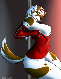 anthro breasts clothed clothing dancing female fingerless_gloves gloves hair handwear looking_at_viewer nipples pole pole_dancing solo spots topless undressing avante92 hobbsmeerkat angel_(avante92) canid canine mammal 2014 digital_media_(artwork) hi_res