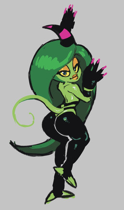 1_horn big_butt black_body black_horn blue_eyes butt colored_nails eyelashes female green_body green_hair grey_background hair horn long_hair long_nails looking_at_viewer looking_back looking_back_at_viewer nails orange_eyeshadow orange_lipstick purple_hair purple_nails rear_view simple_background solo striped_horn stripes thick_thighs wide_hips yellow_sclera bryce_carrington sega sonic_the_hedgehog_(series) the_deadly_six zeena horned_humanoid humanoid zeti hi_res