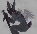 anthro antlers bangs black_sword brown_hair chest_scar fangs feathered_wings feathers fur grey_background grey_body grey_fur hair holding_melee_weapon holding_object holding_sword holding_weapon horn male melee_weapon pink_eyes scar short_hair short_tail simple_background sitting solo sword tail teeth weapon white_sclera wings gitkami lagomorph mammal wolpertinger digital_media_(artwork) hi_res trans_(lore)