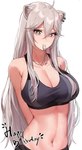 black_clothing breasts cleavage clothed clothing collarbone dog_tags ear_piercing female fur grey_body grey_ears grey_fur grey_hair hair long_hair midriff mismatched_ears mouth_hold navel piercing solo cozyu hololive vtuber shishiro_botan animal_humanoid felid felid_humanoid humanoid lion_humanoid mammal mammal_humanoid pantherine pantherine_humanoid absurd_res hi_res