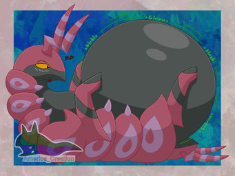 belly big_belly blep blush feral feral_pred hoof_on_belly hugging_belly looking_at_belly lying male multicolored_body on_back onomatopoeia overweight overweight_male simple_background smile solo sound_effects tail text tongue tongue_out vore arceus_tummy nintendo pokemon arthropod generation_5_pokemon pokemon_(species) scolipede 4:3 hi_res