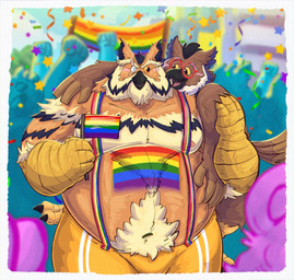 anthro bodypaint carrying_another confetti duo eye_scar eyewear facial_scar glasses hug lgbt_pride male male/male outside pride_color_flag pride_colors public rainbow_pride_colors riding_on_back scar six-stripe_rainbow_pride_colors smile suspenders wearing_glasses 06junior11 lgbt_pride_month caper_oleum lox_oleum avian bird great_horned_owl horned_owl owl true_owl hi_res father_(lore) father_and_child_(lore) father_and_son_(lore) parent_(lore) parent_and_child_(lore) parent_and_son_(lore) son_(lore)