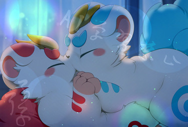 blue_body blue_fur blush duo eyes_closed feral fur fur_markings kissing lying lying_on_another male male/male markings multicolored_body multicolored_fur nose_to_nose on_back paw_to_paw pushing red_body red_fur round_ears two_tone_body two_tone_fur white_body white_fur hirochanu fabulous_beasts mythology bixie_(fabulous_beasts) tianlu_(fabulous_beasts) mythological_creature pixiu hi_res brother_(lore) brothers_(lore) incest_(lore) sibling_(lore) twins_(lore)