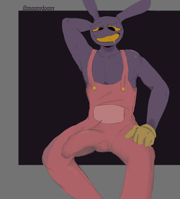 anthro big_bulge big_penis bodily_fluids bulge detailed_bulge embarrassed genital_outline genitals male penis penis_outline solo sweat moonydoony glitch_productions the_amazing_digital_circus jax_(tadc) lagomorph leporid mammal rabbit absurd_res hi_res