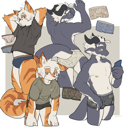 5_fingers anthro biped briefs bulge clothed clothing countershade_fur countershade_torso countershading eyebrows fingers fur hair horn male orange_body orange_fur tail underwear underwear_only white_hair milkybot mythology hu_ku_li_(milkybot) yay_(milkybot) domestic_cat dragon felid feline felis mammal mythological_creature mythological_scalie scalie hi_res