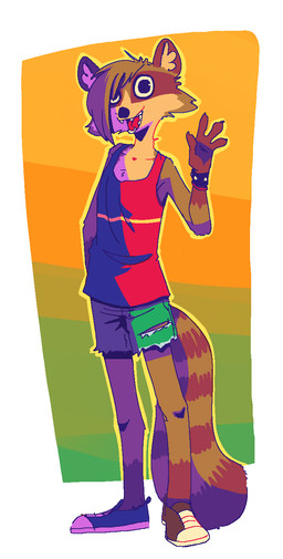 ambiguous_gender anthro arm_tuft border bottomwear bracelet brown_body brown_fur cheek_tuft chest_tuft clothed clothing denim denim_bottomwear denim_clothing denim_shorts elbow_tuft facial_markings facial_tuft footwear fur gesture gloves_(marking) gradient_background green_background head_markings inner_ear_fluff jewelry leg_markings looking_at_viewer markings mask_(marking) open_mouth open_smile orange_background outline ring_(marking) ringed_tail shirt shoes shorts simple_background smile socks_(marking) solo standing striped_markings striped_tail stripes studded_bracelet studded_jewelry studs tail tail_markings tank_top topwear torn_clothing tuft waving white_border fuel_(artist) mammal procyonid raccoon 2020 hi_res