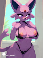 anthro areola big_breasts bikini blush bouncing_breasts breasts clothing collarbone embarrassed female looking_at_viewer micro_bikini navel nipples pink_areola pink_nipples shy small_bikini solo swimwear two-piece_swimsuit wide_hips hotto_kakuart nintendo pokemon eeveelution espeon generation_2_pokemon pokemon_(species) animated digital_media_(artwork) hi_res no_sound pixel_(artwork) pixel_animation short_playtime webm