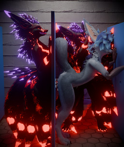 anthro arm_feathers bathroom bodily_fluids breasts butt cum cum_inside cum_on_butt cum_on_penis curling_tail duo eyes_closed feathers female from_behind_position genital_fluids genitals glory_hole glowing glowing_body glowing_feathers glowing_genitalia glowing_penis hair head_feathers herm intersex intersex/female knot knotted_penis machine male male/female nude nude_female nude_male open_mouth penetration penis public_restroom pulling_hair restroom_stall sex side_view standing standing_sex tail tail_feathers text toilet touching_hair vaginal vaginal_penetration whiskers kyuvulpes gabriel_serealia kyu_vulpes android canid canine enfield fox mammal rexouium robot 3d_(artwork) absurd_res blender_(artwork) blender_cycles_(artwork) digital_media_(artwork) english_text hi_res