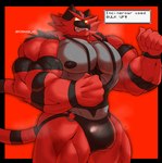 2022 abs absurd_res anthro barazoku biceps big_bulge big_muscles black_border bodily_fluids border bulge clenched_teeth clothing clothing_ring english_text flexing fur generation_7_pokemon glowing glowing_eyes growth hi_res huge_bulge huge_muscles incineroar jockstrap male muscle_growth muscular muscular_anthro muscular_male musk nintendo nipples o-ring pecs pokemon pokemon_(species) pokemon_move quads red_background ring_(hardware) robinmg_45 shirt simple_background solo standing sweat tank_top teeth text text_box thick_thighs topwear tuft underwear url vein