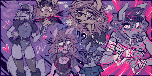 abstract_background anthro bandage bandaged_arm bandaged_chest blood bodily_fluids breasts cigarette claws cleavage clothed clothing exclamation_point eyewear female finger_claws glasses hat headgear headwear heart_symbol nosebleed question_mark smile smoking smoking_cigarette solo tears tight_clothing dimwitdog dimmi_(dimwitdog) canid canine canis domestic_dog mammal 2021 2:1 absurd_res hi_res