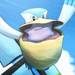 3_toes ambiguous_feral ambiguous_gender beak big_beak big_tongue black_eyes blue_body blue_feathers blue_feet blue_sky cloud day dot_eyes duo feathers feet feral flapping_wings flying in_mouth light multicolored_body multicolored_feathers open_beak open_mouth open_smile outside pink_tongue purple_body simple_eyes sky smile spread_wings toes tongue white_body white_feathers wings yellow_beak spicyichizo nintendo pokemon avian bird ditto_(pokemon) generation_1_pokemon generation_3_pokemon goo_creature pelecaniform pelipper pokemon_(species) 1:1 2026 absurd_res hi_res lighting shaded