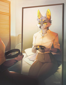 anthro cheek_tuft clothed clothing facial_tuft female female_anthro fur grey_body grey_fur head_tuft holding_object inner_ear_fluff inside mouth_closed neck_tuft no_pupils orange_eyes sitting solo text tuft white_body white_fur yellow_inner_ear_fluff yellow_sclera unknowhiter canid canine mammal 2025 artist_name dated hi_res