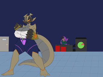 anthro armor big_breasts big_tail black_body breasts building chest_wraps claws clothing door duo female fighting_pose gauntlets gloves grey_body handwear horn huge_breasts huge_tail markings nipple_outline nipples non-mammal_breasts non-mammal_nipples open_mouth orange_eyes orange_sclera pose purple_body red_eyes scales skinsuit tail tan_body tan_scales thick_thighs tight_clothing toe_claws wide_hips wraps aerospine mythology sega sonic_the_hedgehog_(series) claudia_(averyshadydolphin) dragon eulipotyphlan hedgehog mammal mythological_creature mythological_scalie scalie 2016 4:3 character_request unavailable_at_source