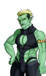 abs alternative_fashion armband blonde_hair bulge clothed clothing detailed_ear goth green_body green_skin hair humanoid_pointy_ears male muscular muscular_humanoid muscular_male not_furry sharp_teeth skimpy solo teeth tragus underbite undercut draycefayce drawfee_(copyright) drawtectives gyorik_rogdul humanoid orc 3:5 hi_res