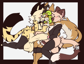 anthro anthro_on_anthro backsack balls bedroom_eyes big_tail blush bodily_fluids breast_grab breasts chest_tuft countershading cum fluffy_balls fluffy_foreskin fluffy_penis foreskin frottage furry_balls furry_foreskin furry_penis genital_fluids genitals green_highlights group hand_on_breast happy happy_sex highlights_(coloring) hug leaking_cum markings narrowed_eyes penile penis penises_touching seductive sex simple_background striped_markings striped_tail stripes tail tail_markings trio tuft caeleste mango_(dawn_6e736677) niles_(caeleste) pail_(rusbuck) canid canine domestic_cat felid feline felis fox hybrid mammal 2025 hi_res nonbinary_(lore)