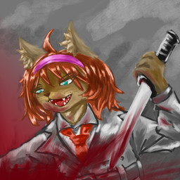 accessory anthro belt blood bodily_fluids brown_hair clothed clothing coat dagger female hair hair_accessory hairband melee_weapon necktie simple_background solo suit topwear trenchcoat weapon aquamarinecd felid feline leopard_cat mammal prionailurus 1:1 hi_res