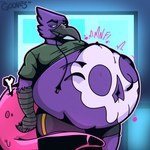 ambiguous_gender ambiguous_prey anthro belly belly_tattoo big_belly bone bottomwear cable_tail clothing fur goo_tail male male_pred muffled_screaming navel overweight rumbling_stomach shirt shorts skull_symbol squirming tattoo thick_thighs topwear unwilling_prey vore hausedge goon_(king_goon) avian 1:1 2025 hi_res