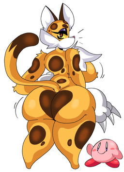 anthro big_breasts big_butt breasts butt countershading female huge_butt larger_female looking_at_viewer looking_back looking_back_at_viewer nude simple_background size_difference white_background lewd_dorky kirby_(series) kirby_and_the_forgotten_land nintendo clawroline kirby felid leopard mammal pantherine absurd_res hi_res