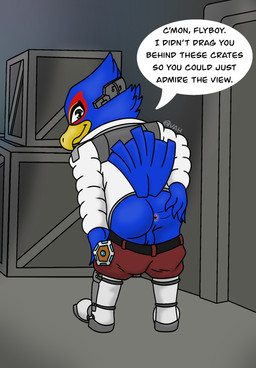 anal anthro anus backsack balls blue_body blue_feathers bottomwear bottomwear_down butt clothed clothing feathers genitals green_eyes male pants pants_down partially_clothed solo speech_bubble spreading text victor_the_wolf_(artist) nintendo star_fox falco_lombardi avian bird english_text hi_res