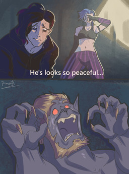 anthro bodily_fluids claws clothed clothing fangs female finger_claws hair humor looking_at_another lying male on_back open_mouth parody perspective scared tears teeth pinumontbalou arcane_(tv_series) league_of_legends mythology riot_games tencent jinx_(lol) vander_(arcane) vi_(arcane) vi_(lol) warwick_(lol) canid canine human mammal mythological_canine mythological_creature werecanid werecanine werecreature werewolf hi_res