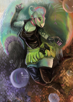 5_fingers anthro biped breasts brown_eyes bubble clothed clothing eyebrows eyelashes female fingers green_body open_mouth open_smile pose pupils smile solo text white_text leprzil aquatic fish 2025 english_text hi_res signature