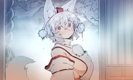 armwear bare_shoulders big_breasts blush breasts clothed clothing detached_sleeves female hair hat headgear headwear inner_ear_fluff looking_at_viewer raining red_clothing red_eyes red_hat red_headwear short_hair side_boob side_view solo tail tokin_hat tuft wet wet_clothing white_hair nyong_nyong touhou momiji_inubashiri animal_humanoid canid canid_humanoid canine canine_humanoid humanoid mammal mammal_humanoid wolf_humanoid 2023 5:3