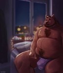 anthro bed bedroom belly brown_body bulge clothing detailed_background furniture humanoid_hands inside male moobs night nipples overweight overweight_male sitting solo underwear rovindeer gabriel_(rovindeer) canid canine canis domestic_dog mammal 2022 absurd_res hi_res