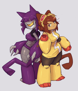 1_eye anthro arm_cannon breasts brown_body brown_hair clothing duo eyewear eyewear_on_head female goggles goggles_on_head hair machine purple_hair red_eyes weapon_arm whiskers yellow_sclera awoooooga gameoverse glitch_productions kit_bodega malice_(gameoverse) domestic_cat felid feline felis mammal robot 2026 hi_res