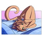 :3 anthro bed biped blush brown_body brown_fur brown_hair female fur furniture green_eyes hair looking_at_viewer lying modest nude pose shy solo tail twisting conditional_dnp jollyjack sequential_art kat_vance domestic_cat felid feline felis mammal pinup