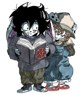 anthro big_ears black_hair book brown_hair clothing footwear hair male overalls sandals satanic_symbol shirt shoes spellbook topwear white_body young kakuyamii pit_(kakuyamii) yamaki canid canine canis domestic_dog lagomorph mammal